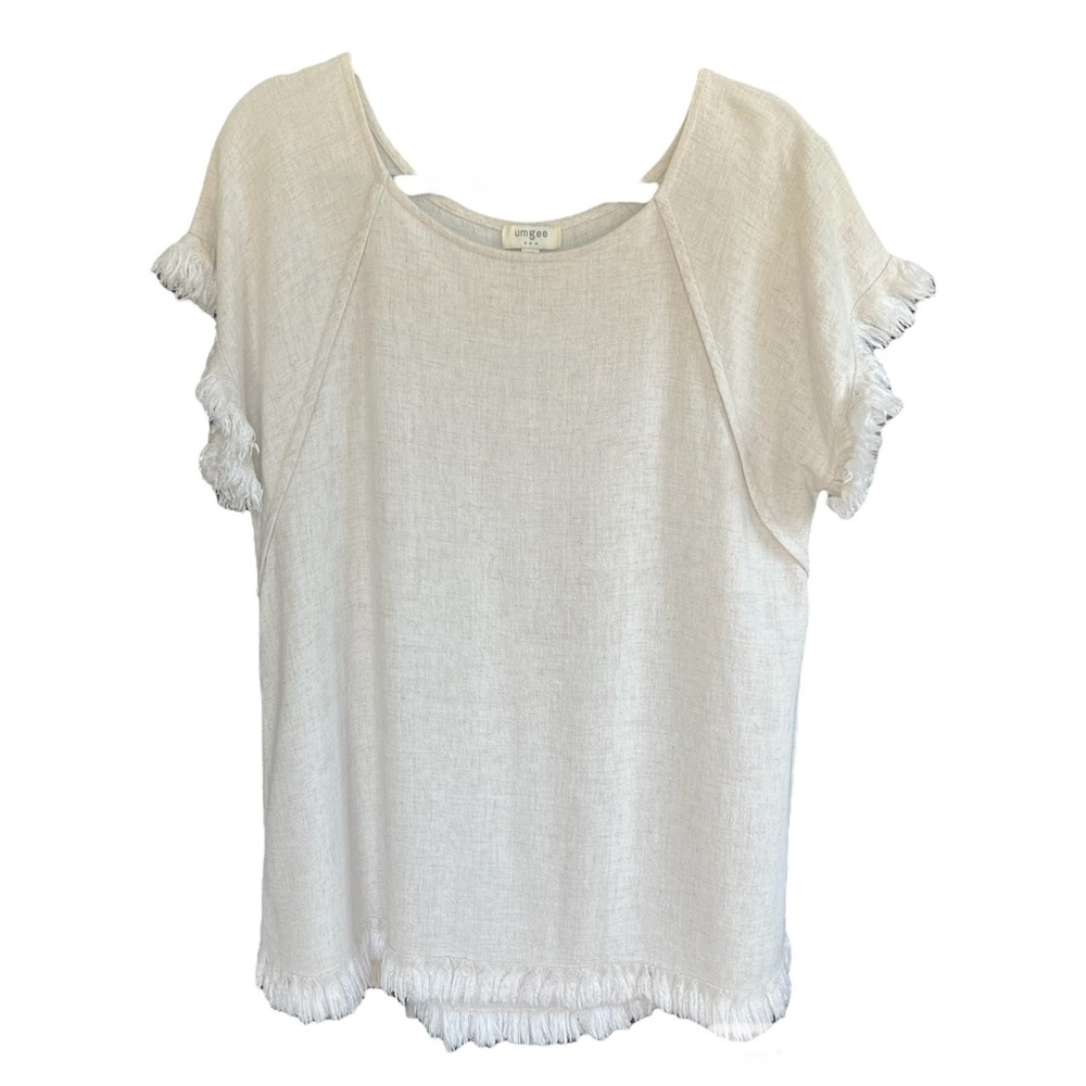 Umgee Scoop Neck Fringe Sleeve Lagenlook Linen Cotton Blend Top Women's Medium